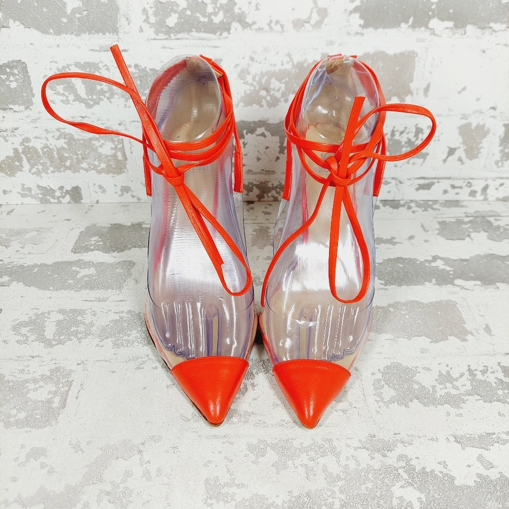 New BROTHER VELLIES De Fleur Ankle Tie Pointed Toe Leather Orange Pumps X509 - Picture 3 of 13